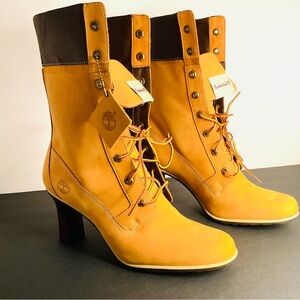 NWT Timberland Wheat Nubuck Heeled Lace-Up Boots Fold-Over Cuff Sz 10M